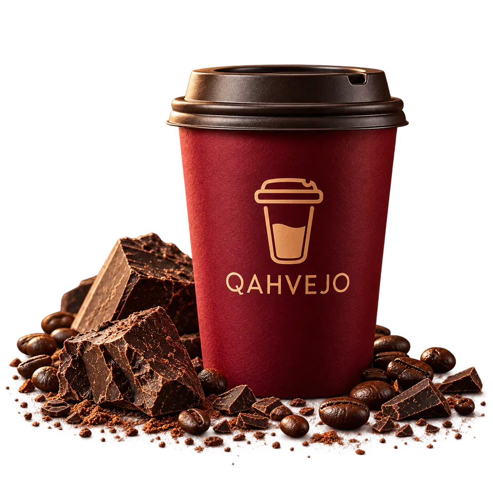 A Qahvejo coffee cup next to dark chocolate and coffee beans