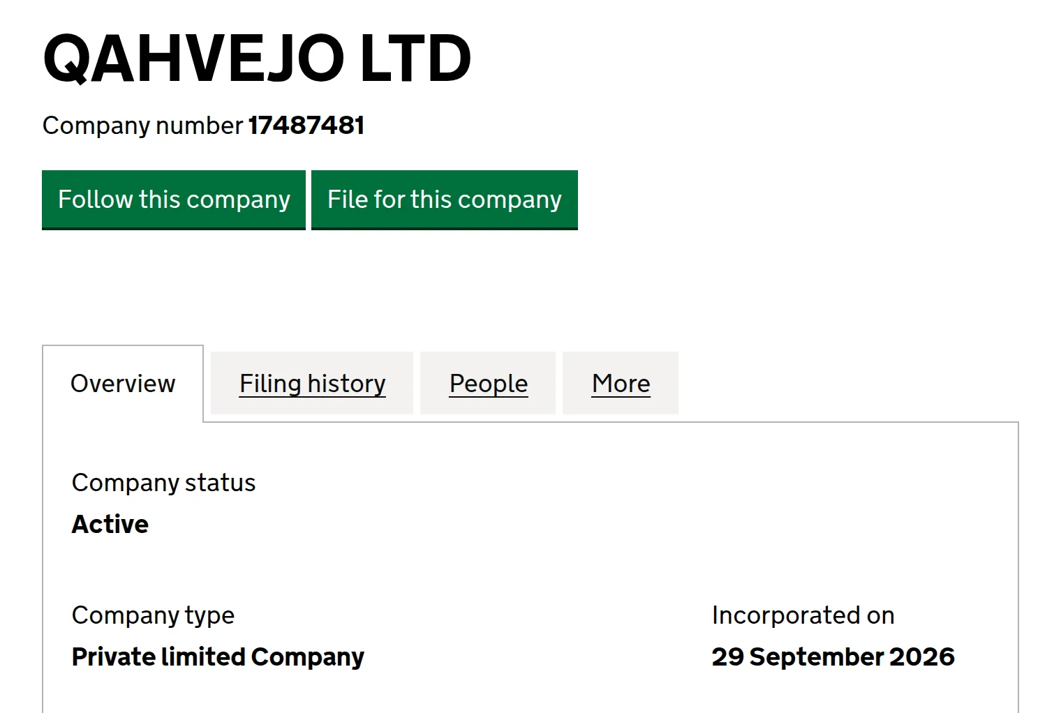 The QAHVEJO LTD entry on the official Companies House register, company number 17487481, status Active